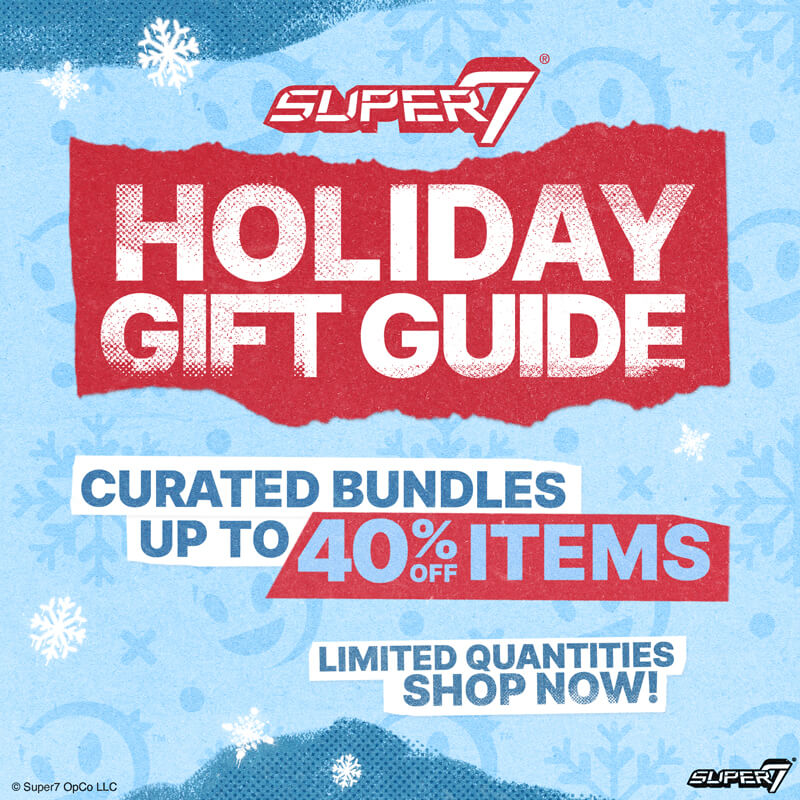 Holiday Gift Guide promotional artwork with bold HOLIDAY GIFT GUIDE text on a red banner over a blue patterned background