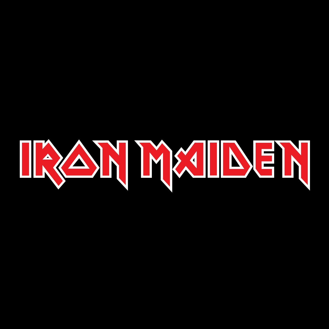 Iron Maiden logo in bold red letters with white outline on a black background.