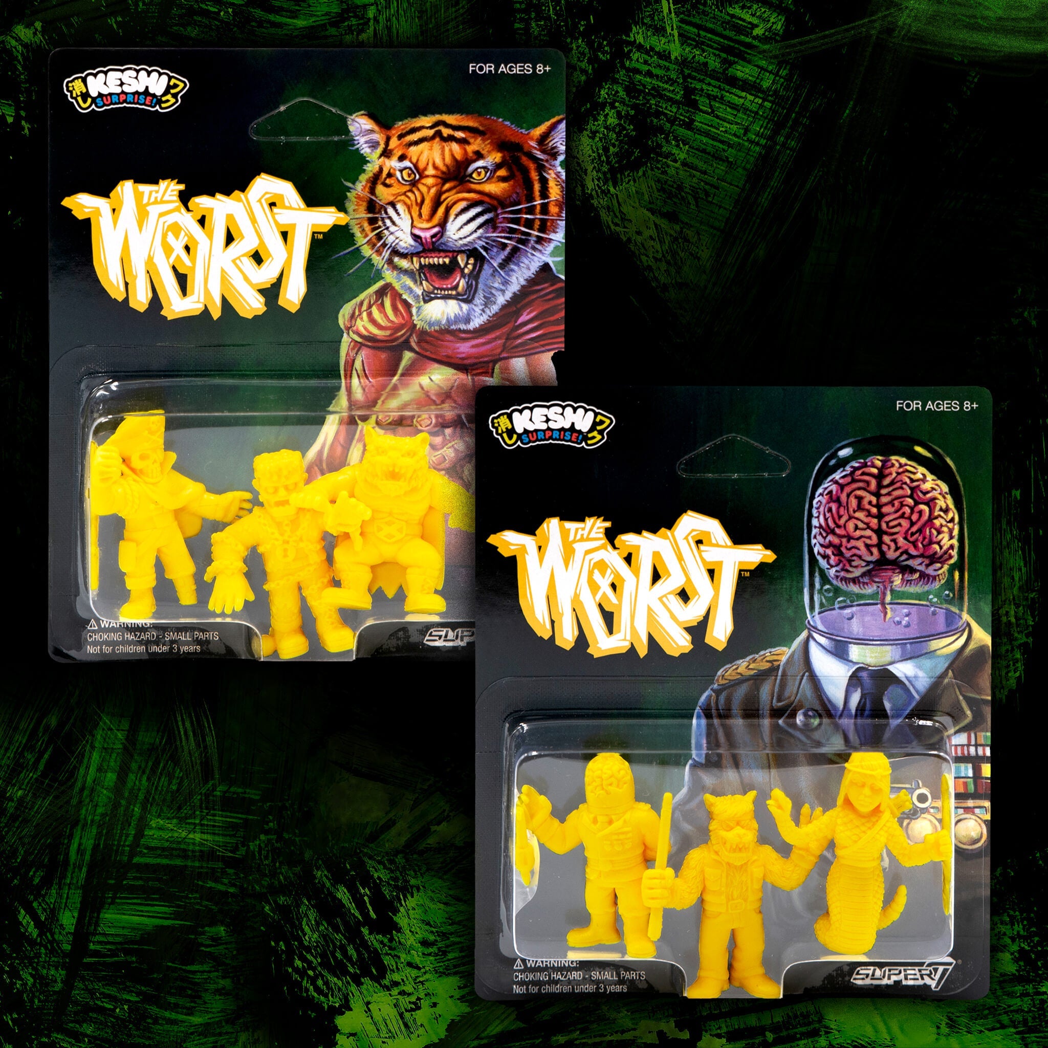 Keshi figures packaging showing a menacing tiger illustration and yellow mini figures inside