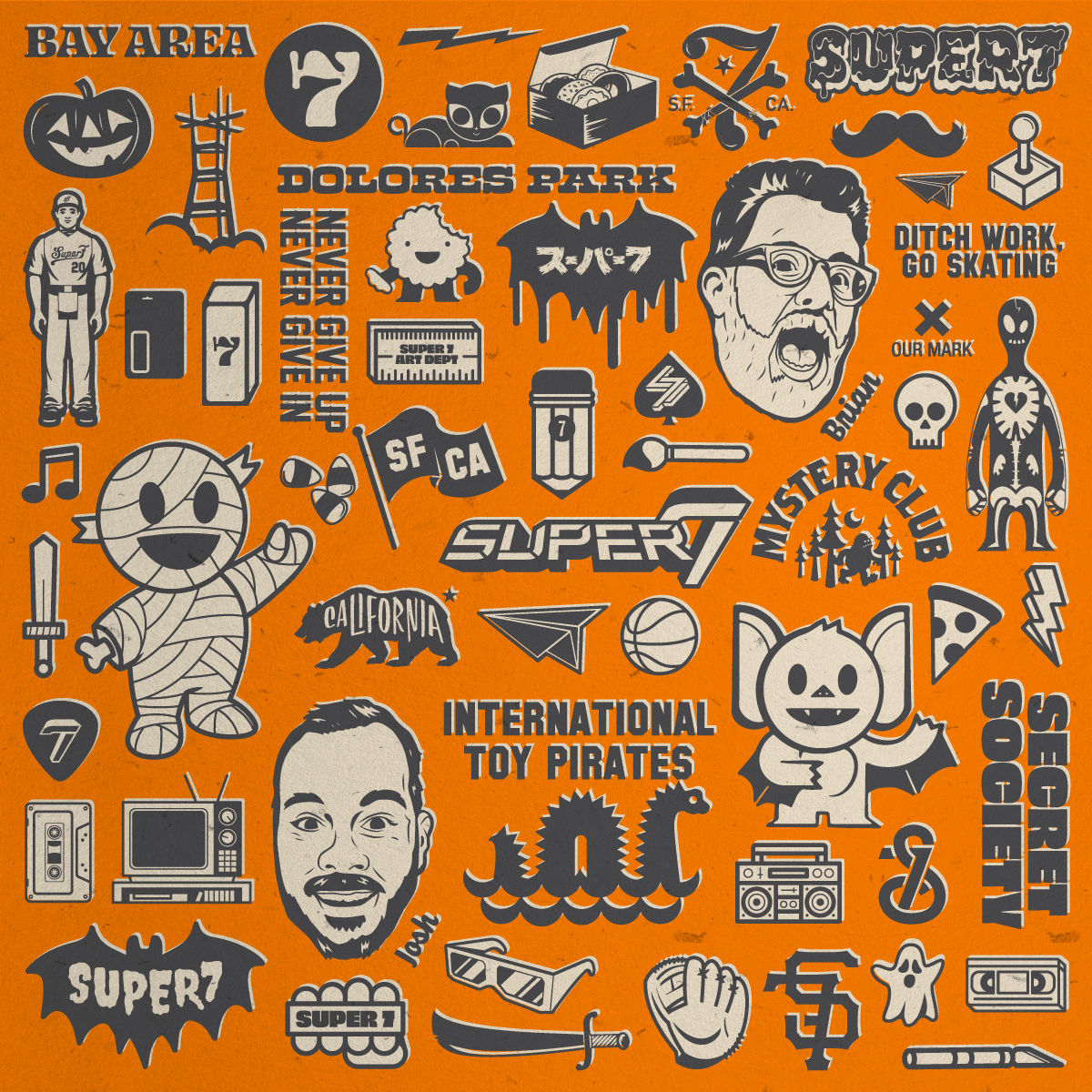 Vibrant orange collage of retro stickers and logos from the Staff Picks collection.