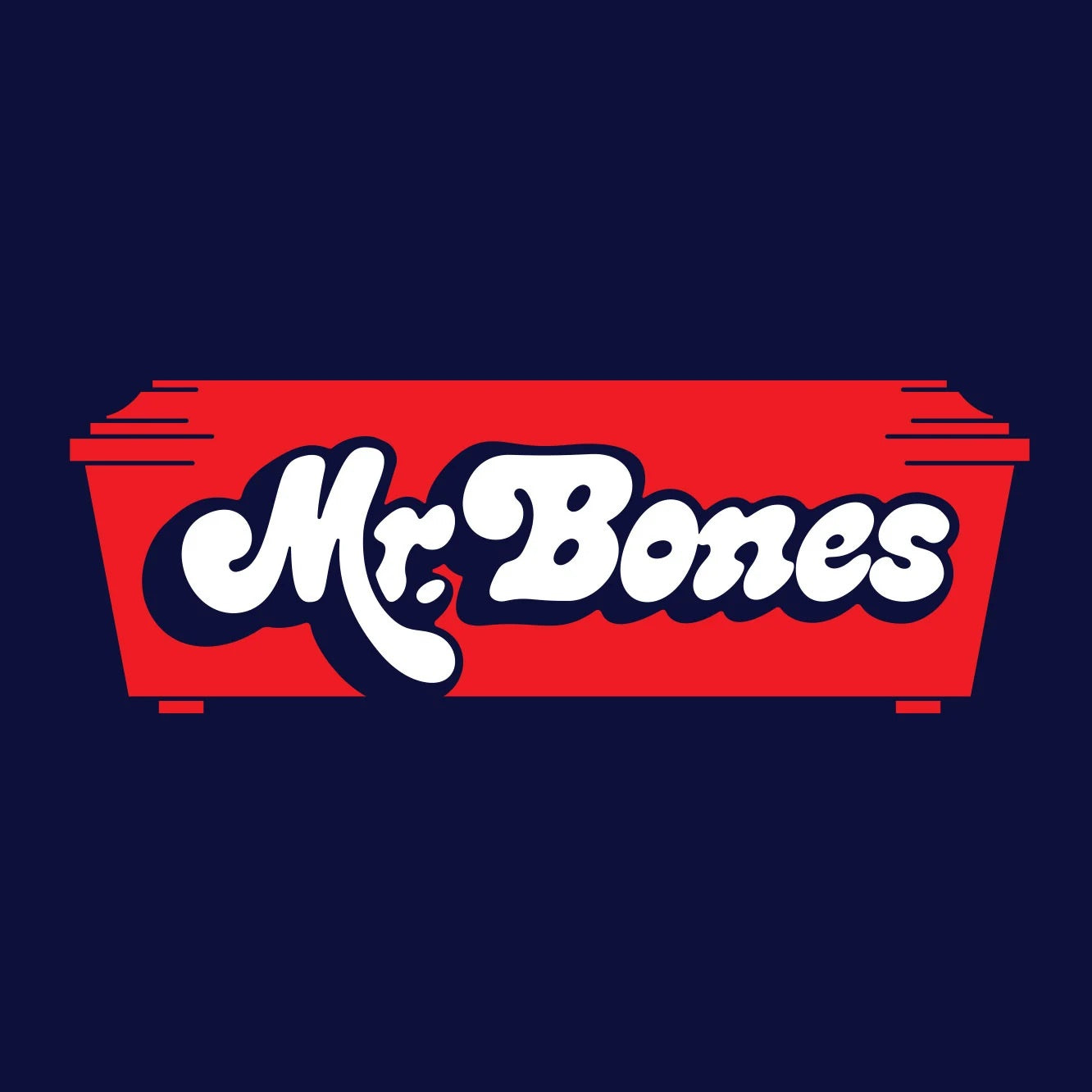 Mr Bones logo on a bold red banner set against a dark navy background