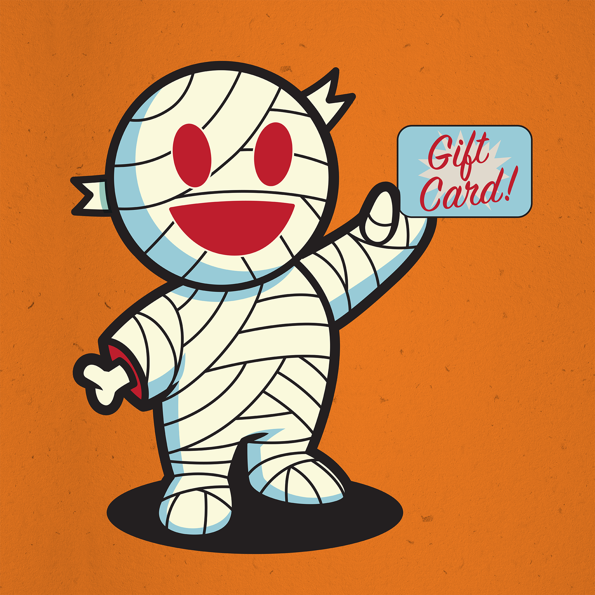 Cartoon character with large eyes on an orange background next to a blue Gift Card graphic.