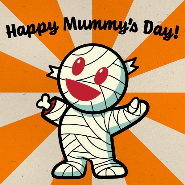 Cheerful cartoon mummy in bandages with a big smile against an orange sunburst background for Happy Mummy's Day collection.