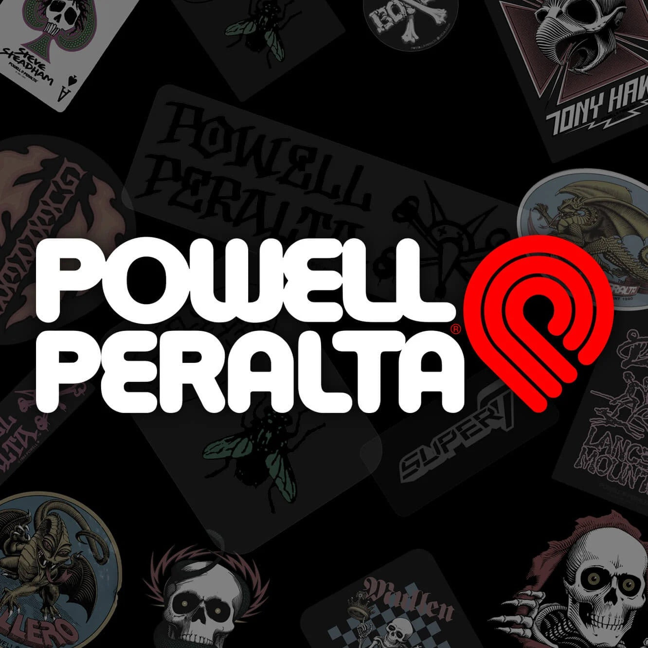Powell-Peralta logo over a dark collage of skate stickers.