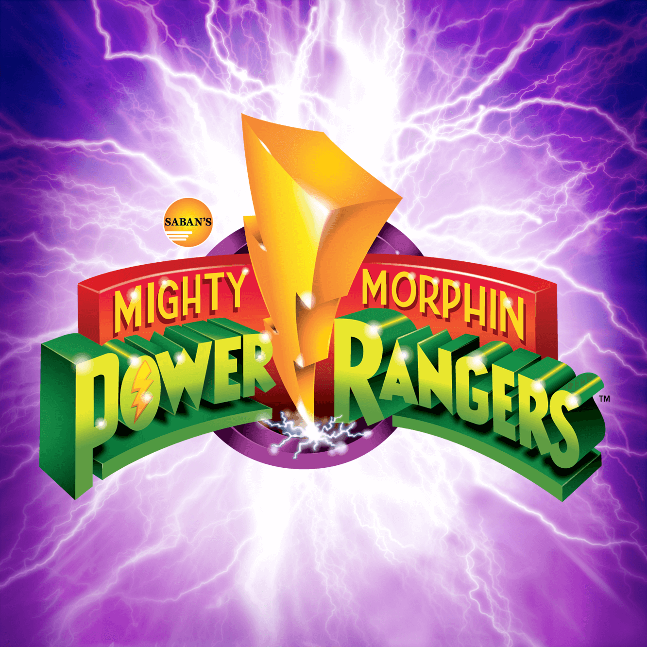 Mighty Morphin Power Rangers logo with bold 3D lettering and purple lightning background