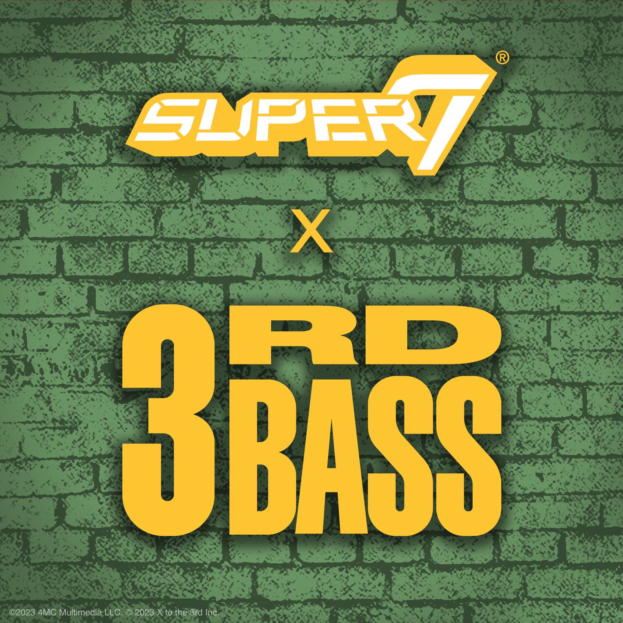 Green brick wall background with a large yellow and white SUPER7 logo banner spanning the center.