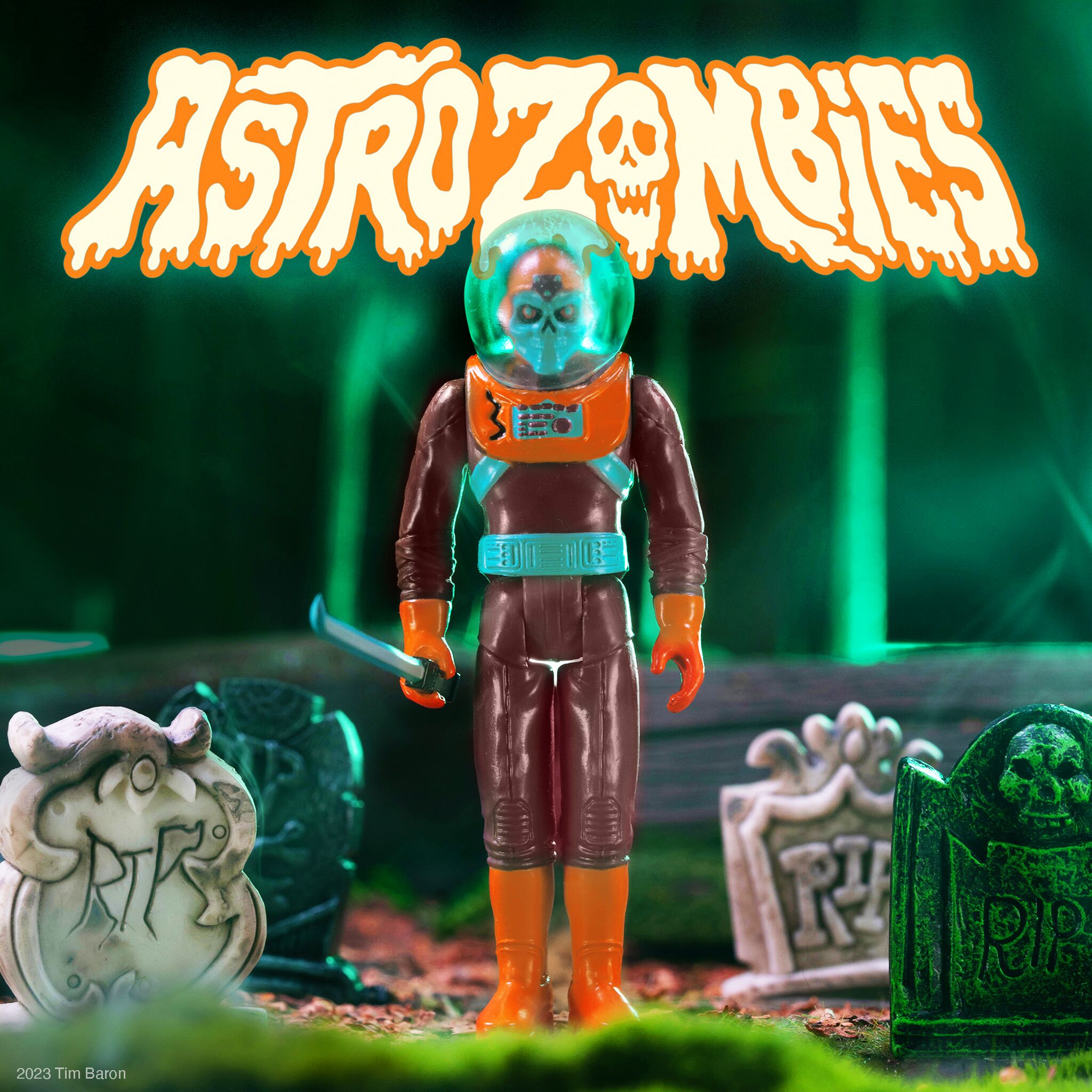 Astro Zombies promotional image with a space helmeted figure under bold orange title text on a green background.