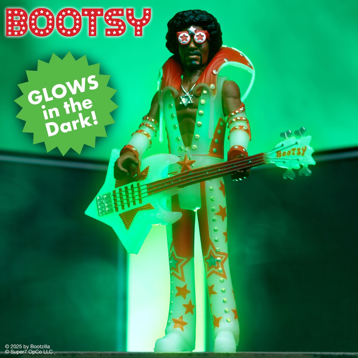 Funk music figure wearing star shaped sunglasses and a starry white outfit against a bright green backdrop.