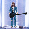 Heavy metal figure with long hair in a blue denim jacket playing a black bass guitar