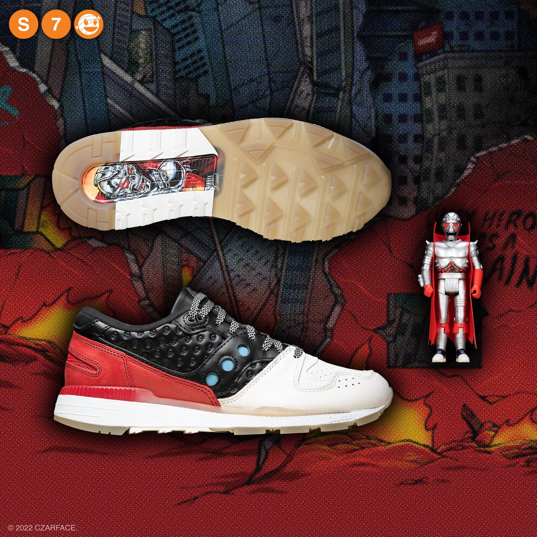 Red, black, and white sneaker resting on a bold comic style background