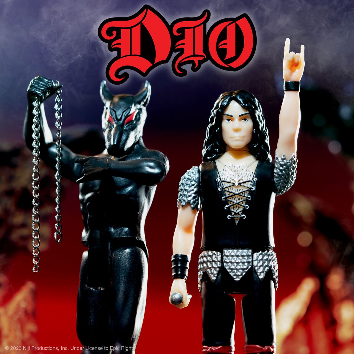 DIO action figure set with a chained demon figure against a dark purple background