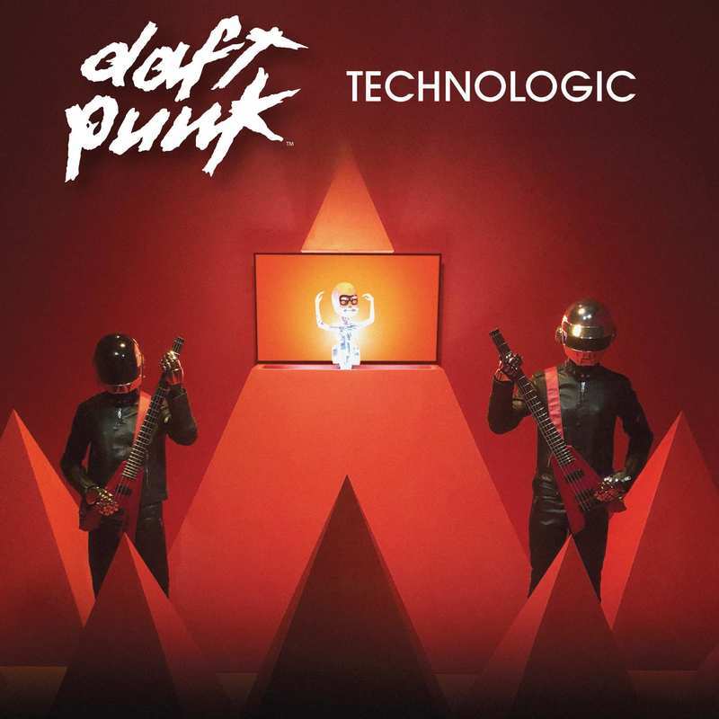 Daft Punk duo in black suits with guitars performing on a red stage with the TECHNOLOGIC logo