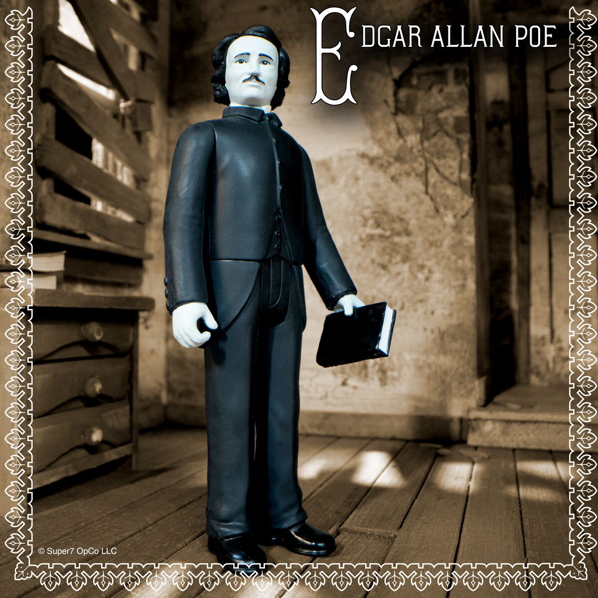 Edgar Allan Poe collectible figure in a dark suit stands in a moody library scene, holding a small book.