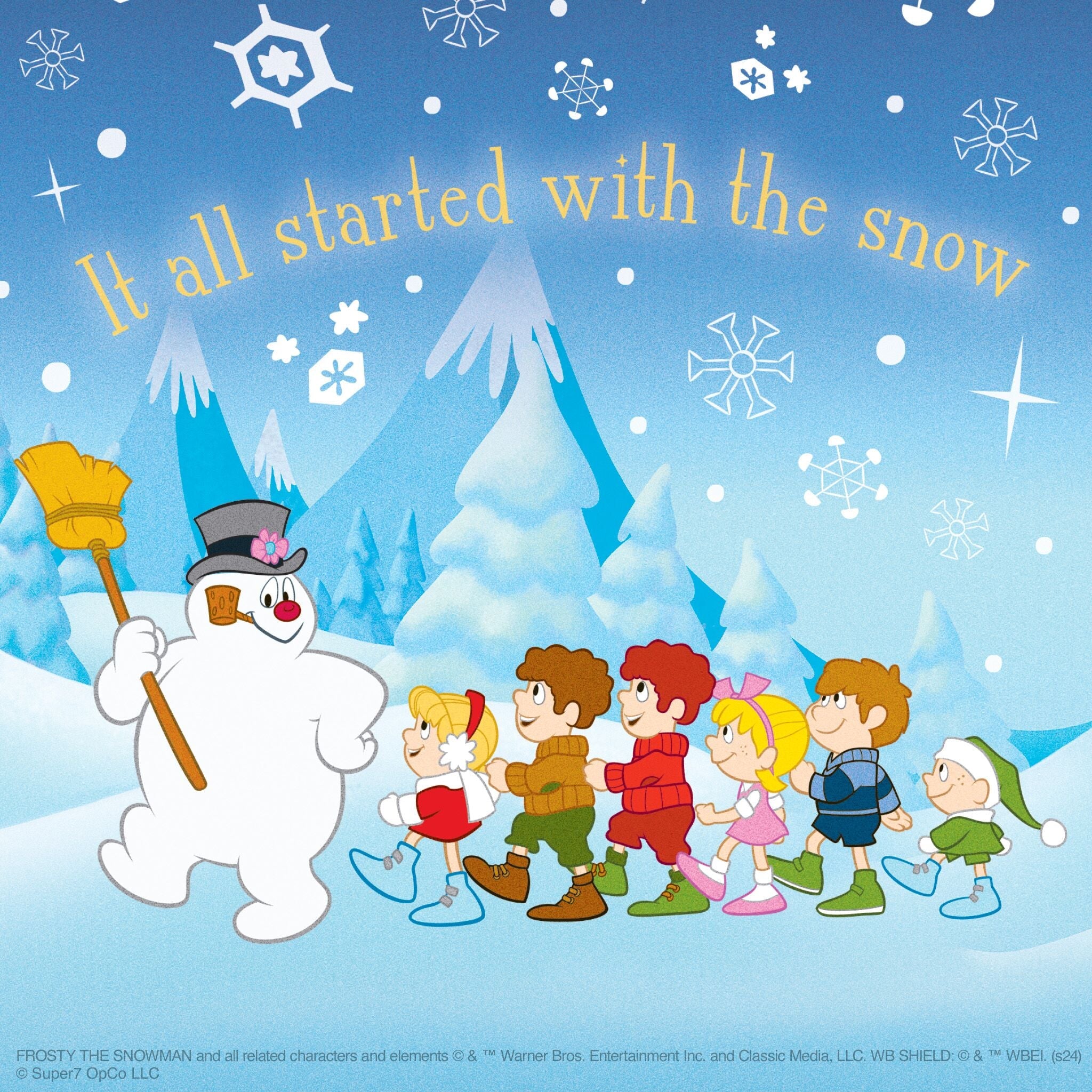 Frosty the Snowman leading a line of children through a snowy blue landscape