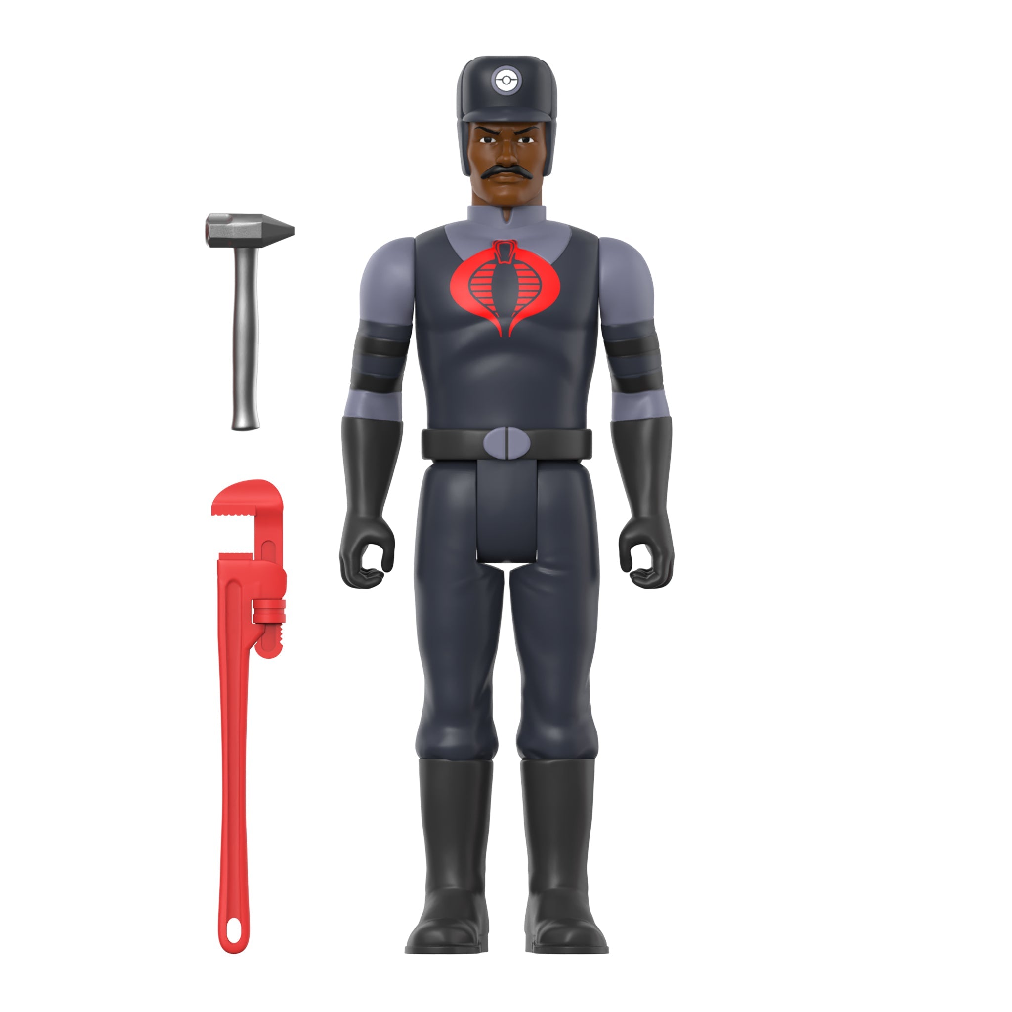 Mustached Super7 action figure in a red overcoat over a gray suit holding a silver hammer against a white background