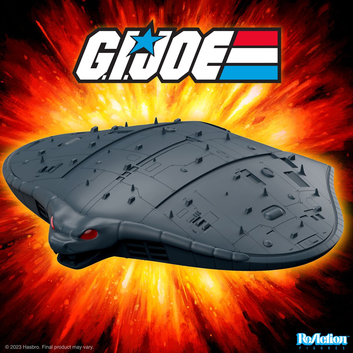 O-Ring spaceship model in gray with panel details against a fiery orange background.
