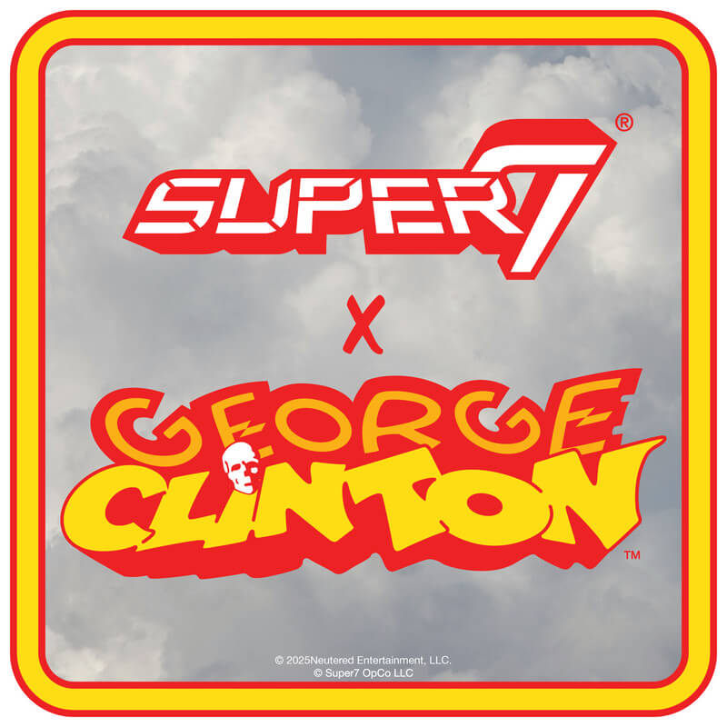 Super7 x George Clinton collaboration logo on a cloudy sky background framed by a yellow red border