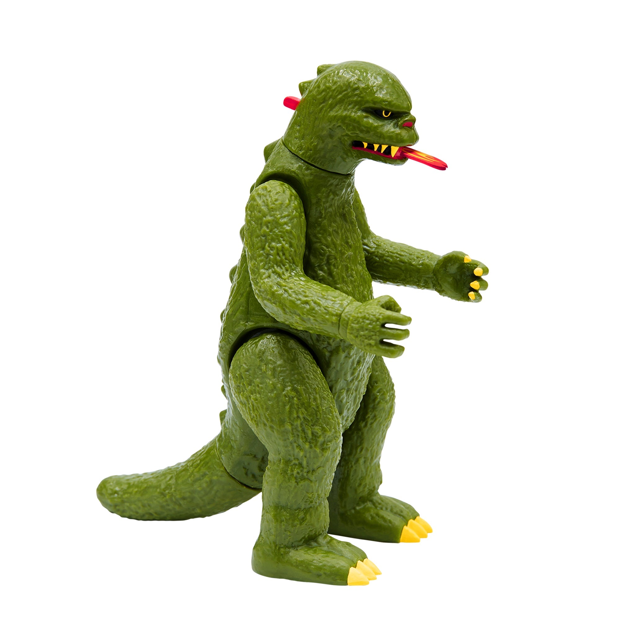 The Archive collection image green dinosaur toy with a red tongue and yellow eyes on a white background