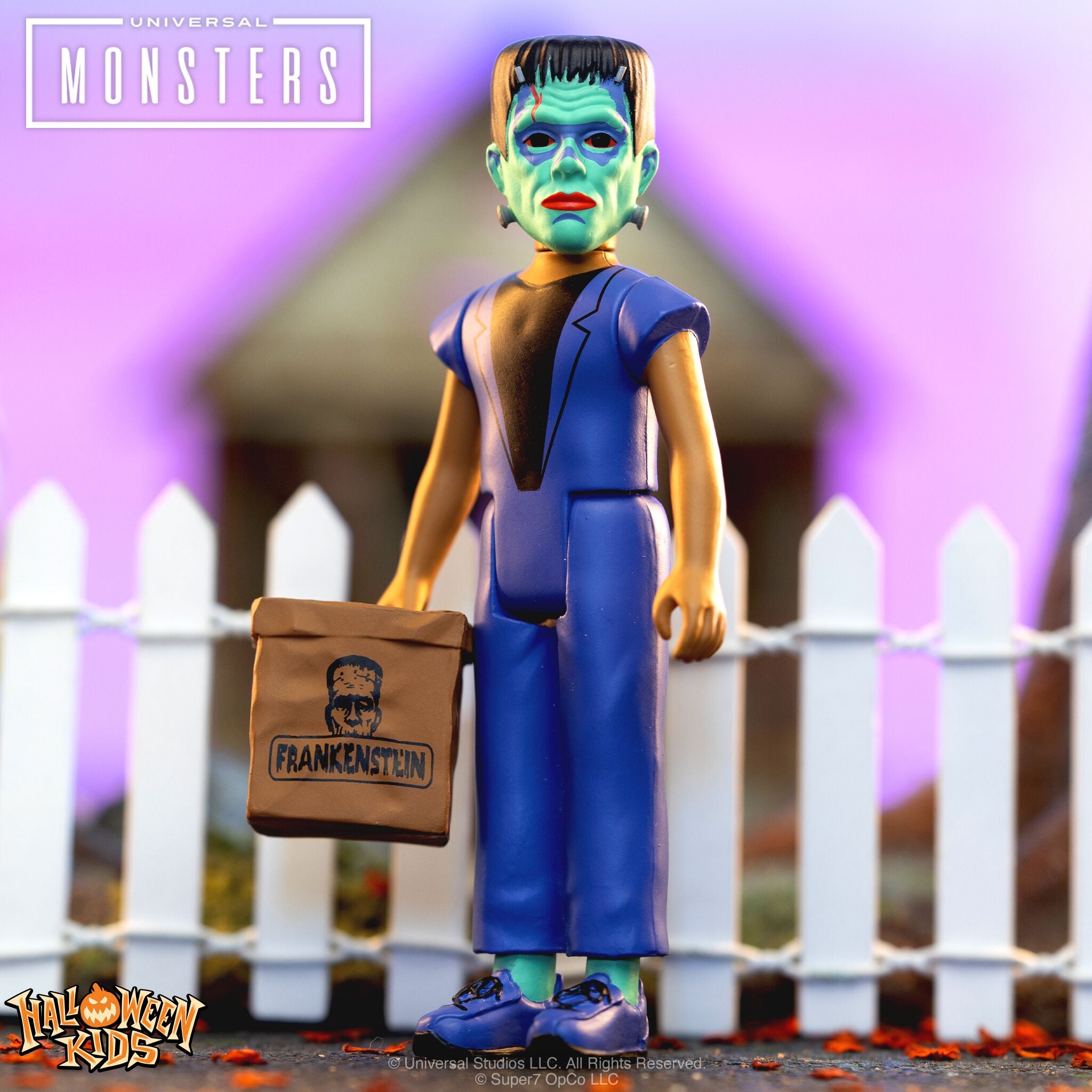 Frankenstein style action figure in a classic Hollywood Monsters scene with a purple background