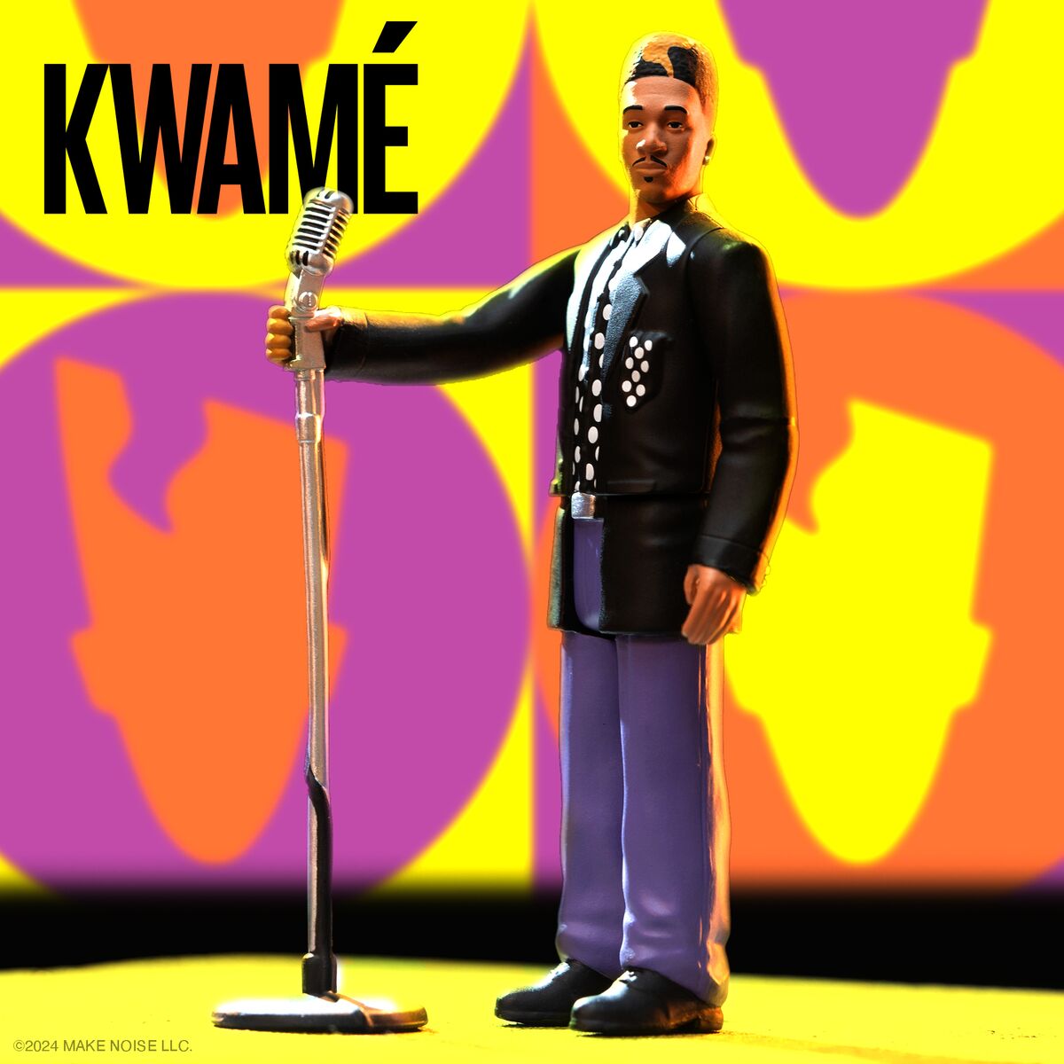 Kwame concert poster with bold KWAME text and a vintage microphone on a colorful stage background