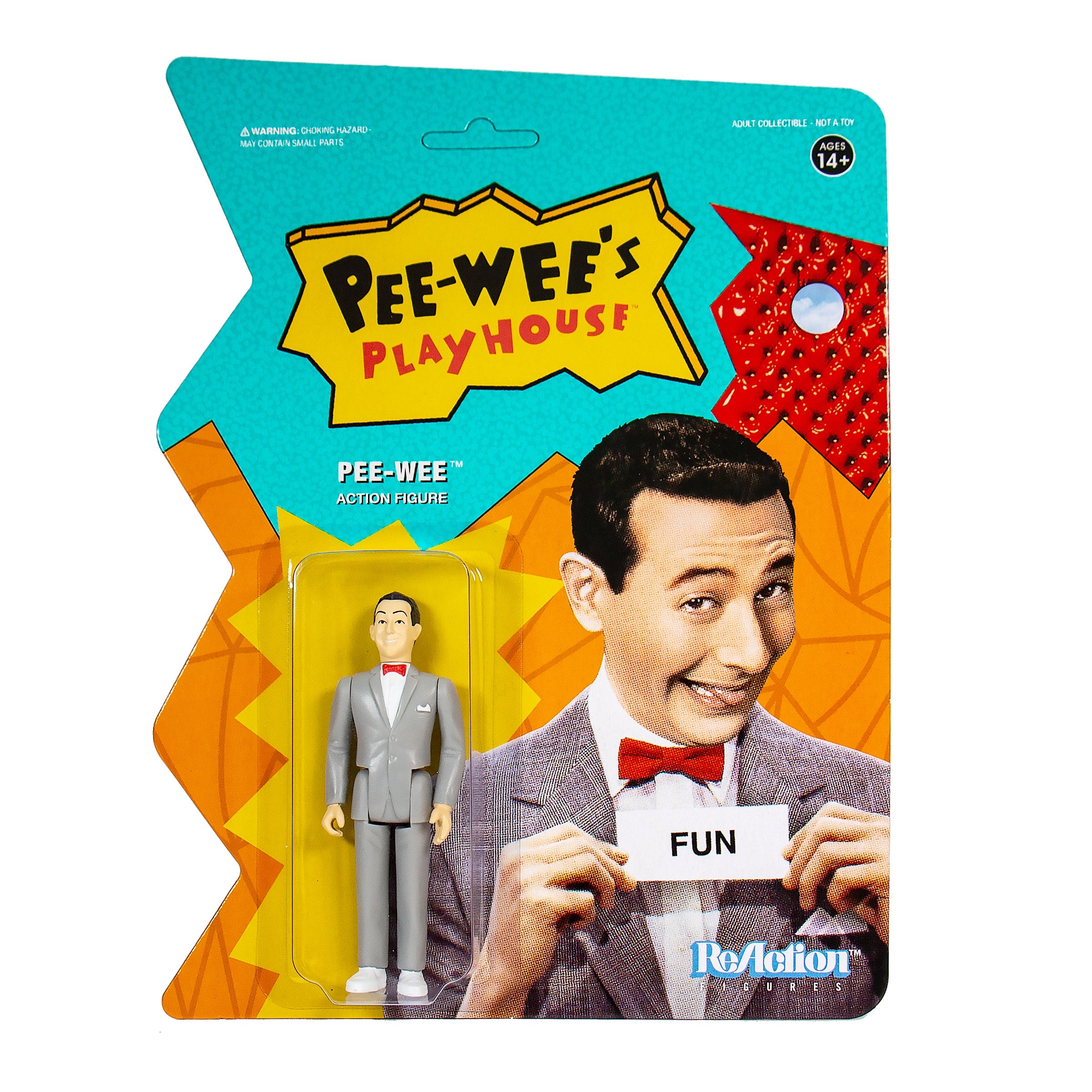 Pee-wee's Playhouse action figure in blister packaging on a bright teal card with the bold logo.