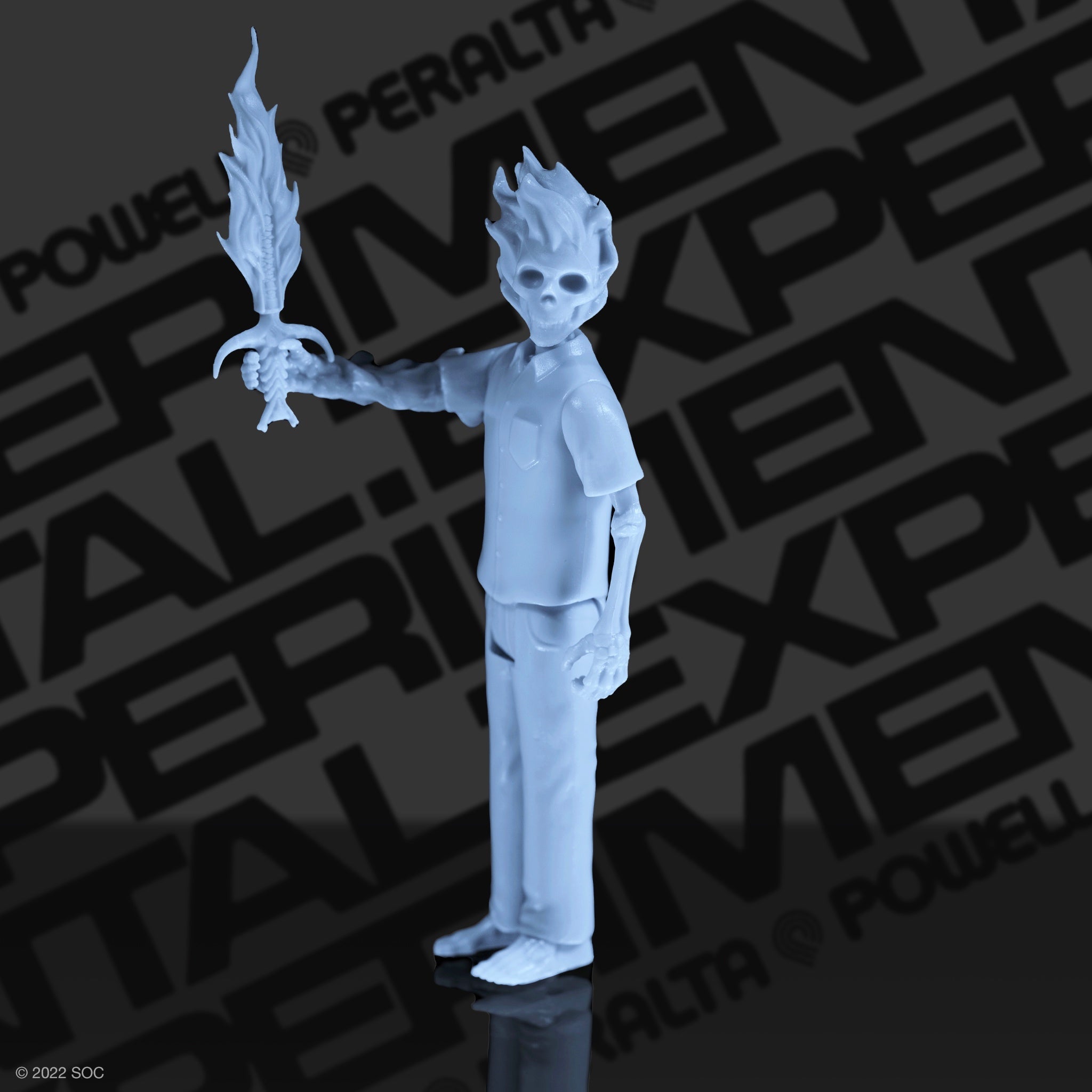 Blue flame headed figure statue with raised arm against a dark patterned background showing Pre-Order Closed or Sold Out.