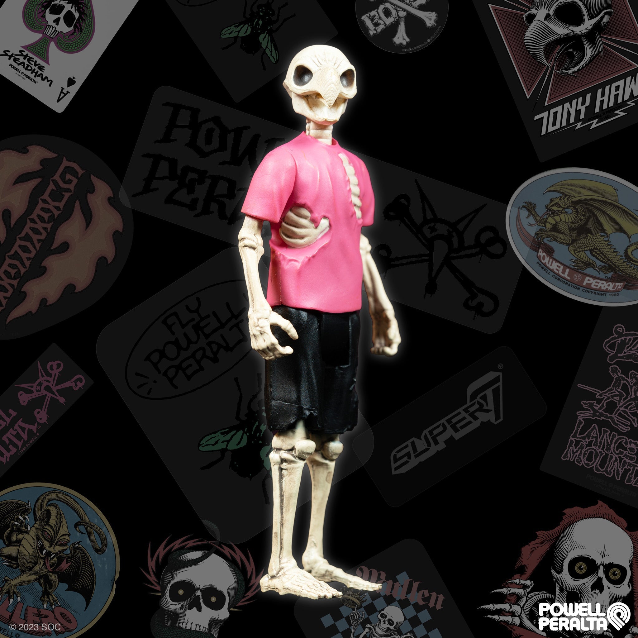 Skeleton figurine in a pink shirt stands center amid a collage of skate art