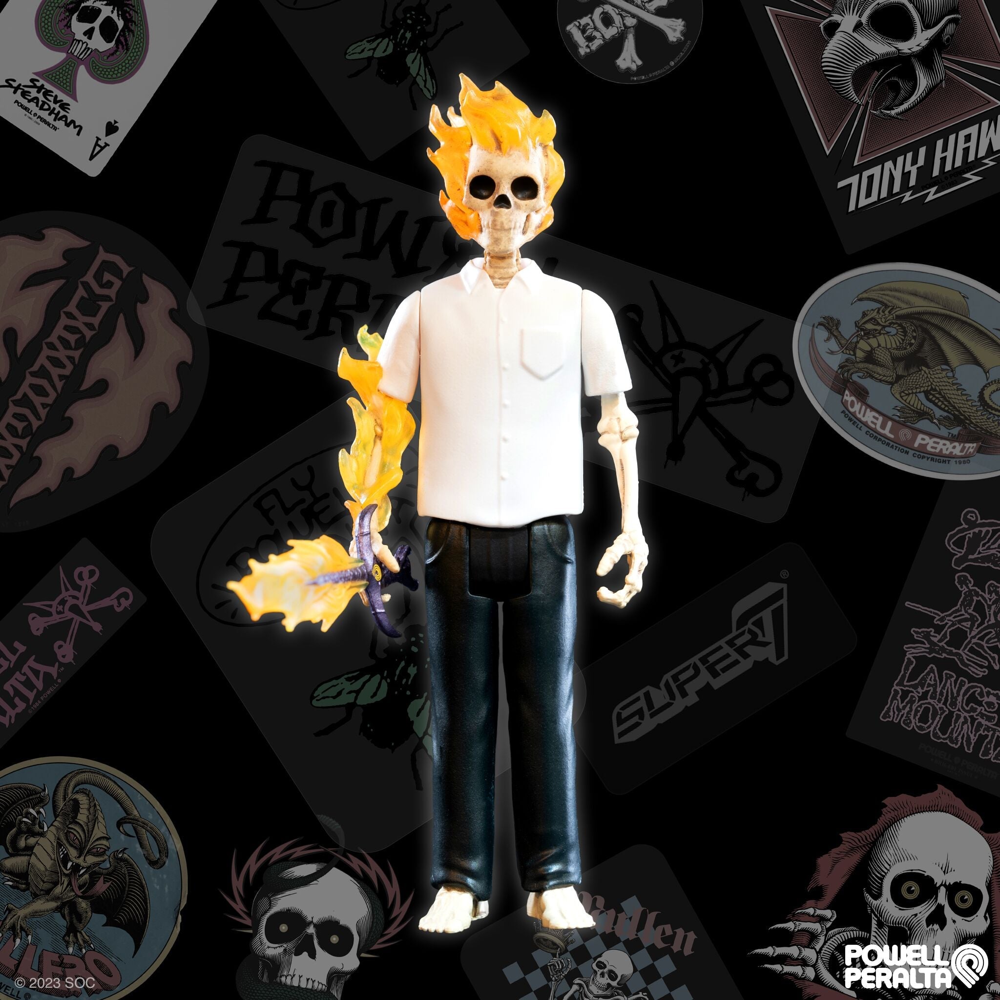 Collage of skeleton themed artwork featuring skulls and macabre designs on a dark background.