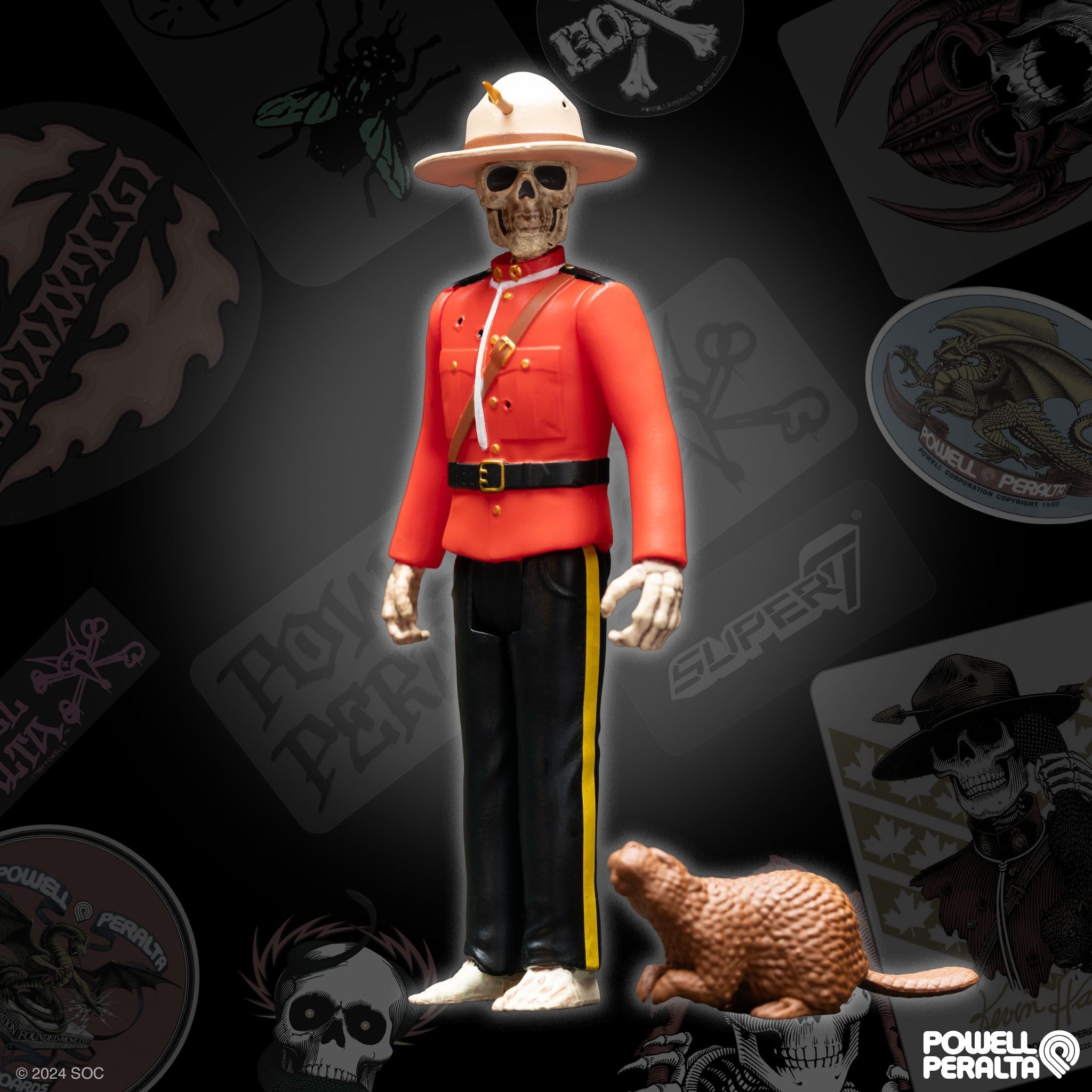 Skeleton figure in a red military uniform with a pith helmet standing in a smoky backdrop