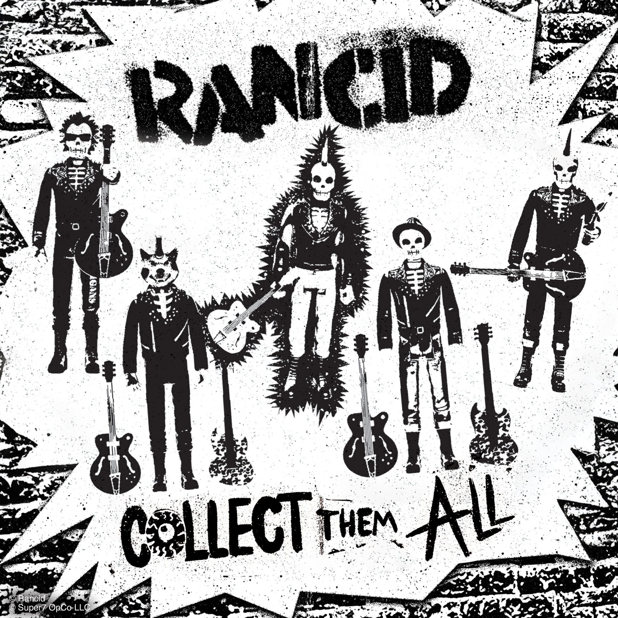 High contrast black and white skeleton band with guitars and the Rancid logo