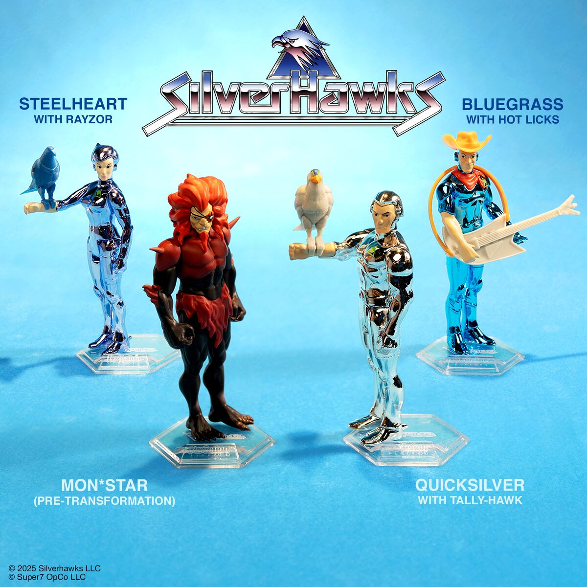 In stock SilverHawks ReAction Figures lineup featuring Mon Star Steelheart Quicksilver with Tally Hawk Bluegrass with Hot Licks and a red demon character on a blue background.