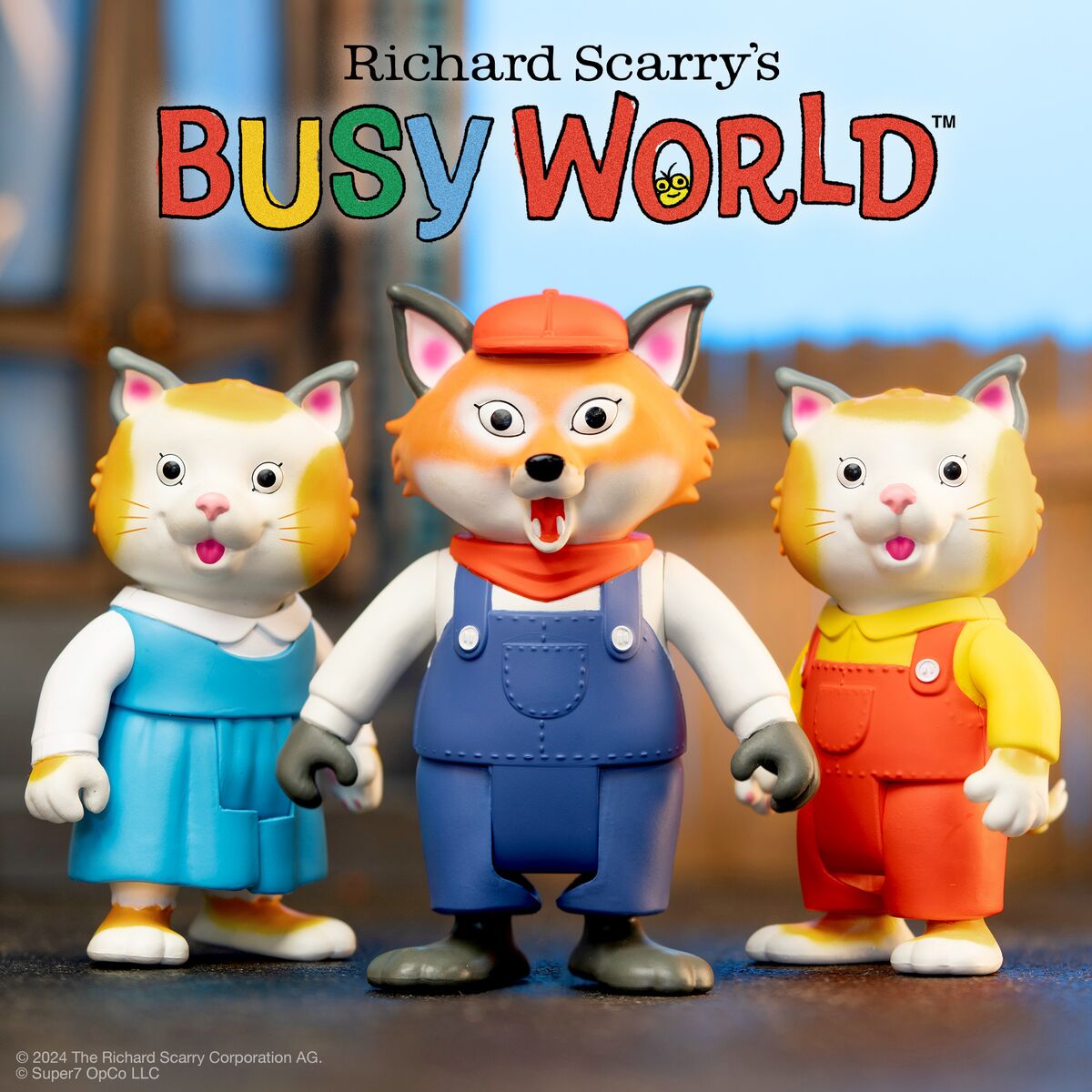 Three toy animals from Richard Scarry's Busy World collection posed together