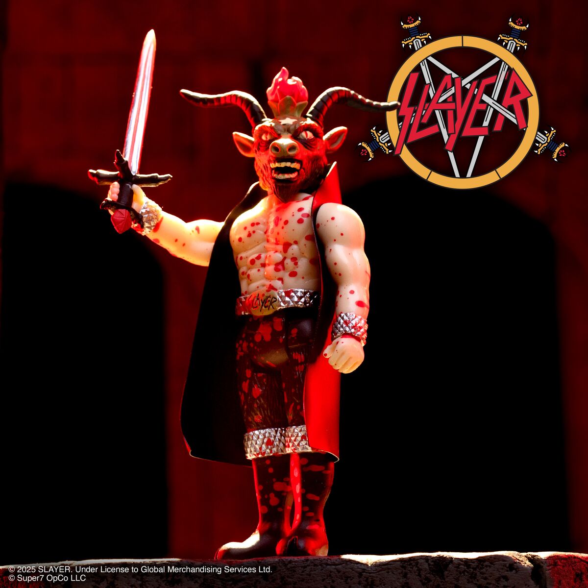 Demon warrior action figure from Classic Rock and Heavy Metal Icons collection wielding a glowing red sword with horns and blood splatter