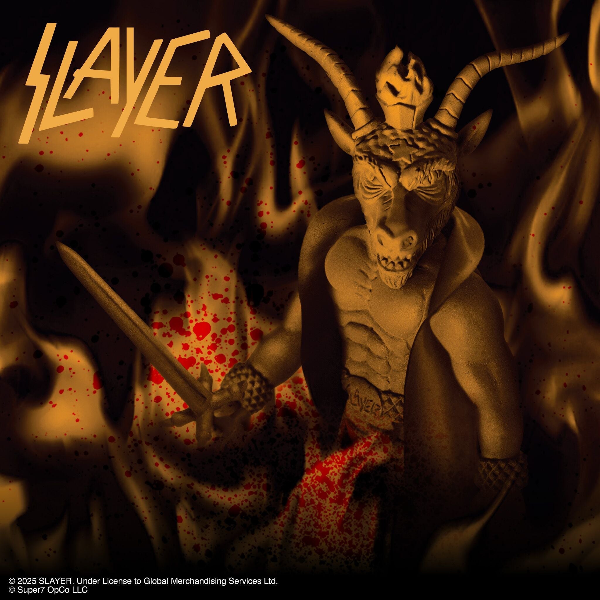 Demon statue silhouetted against flames with large orange SLAYER text.