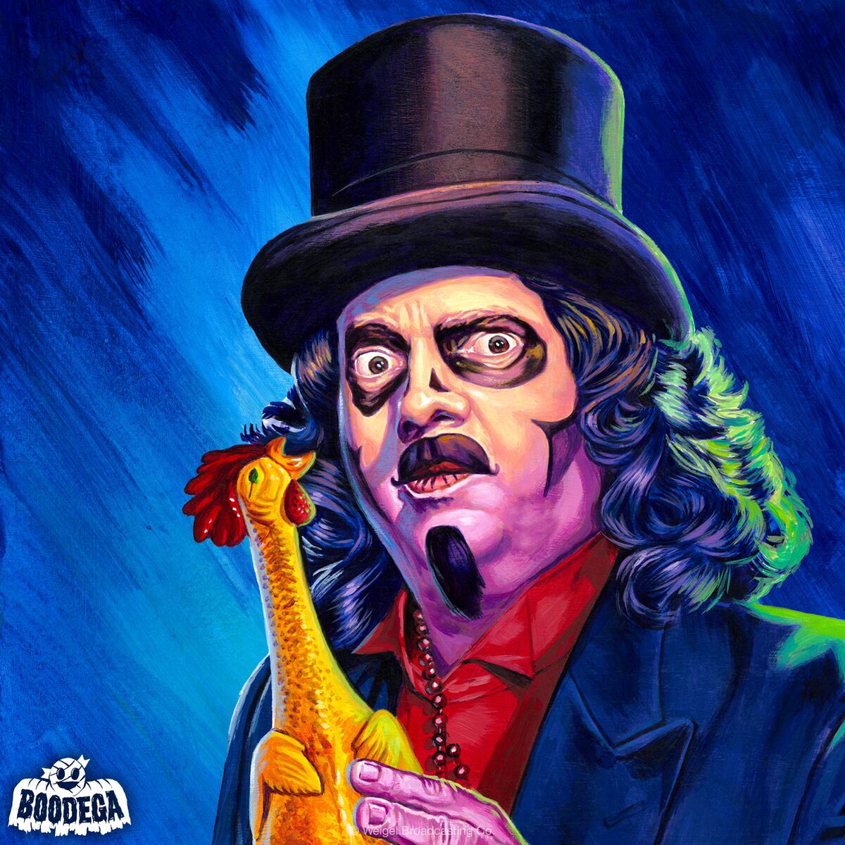 Svengoolie style illustration of a pale man in a top hat holding a rubber chicken against a blue background