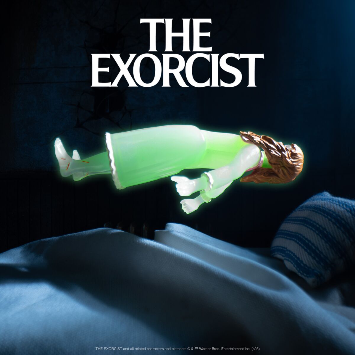 The Exorcist promotional image showing a lime green levitating figure above a bed in a dark blue scene