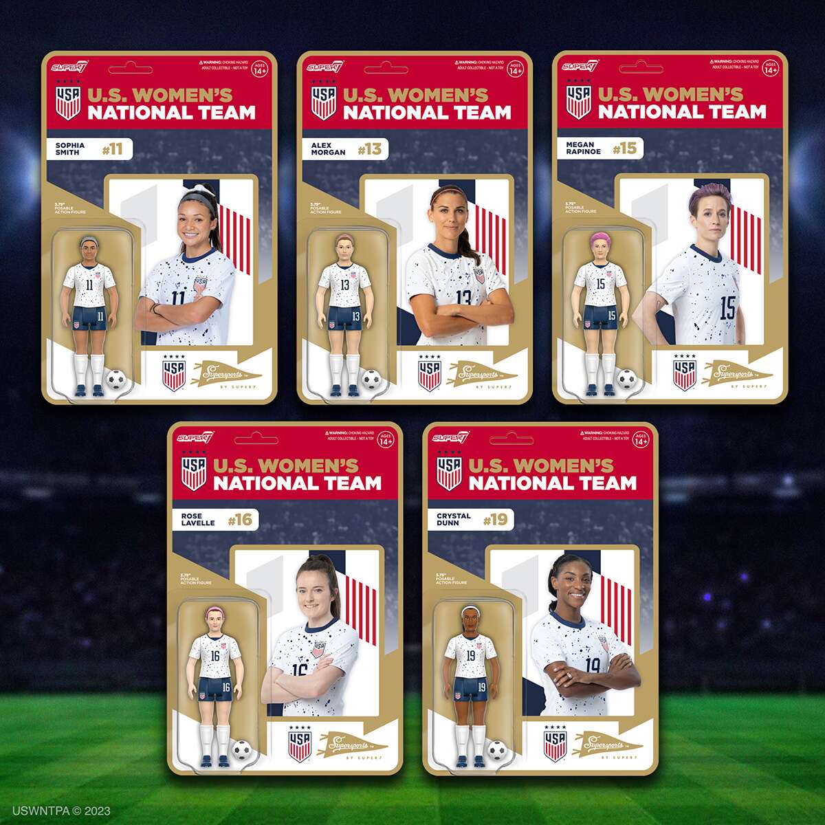 USWNT Supersports action figure set featuring five players Sophia Smith Alex Morgan Megan Rapinoe Rose Lavelle Crystal Dunn