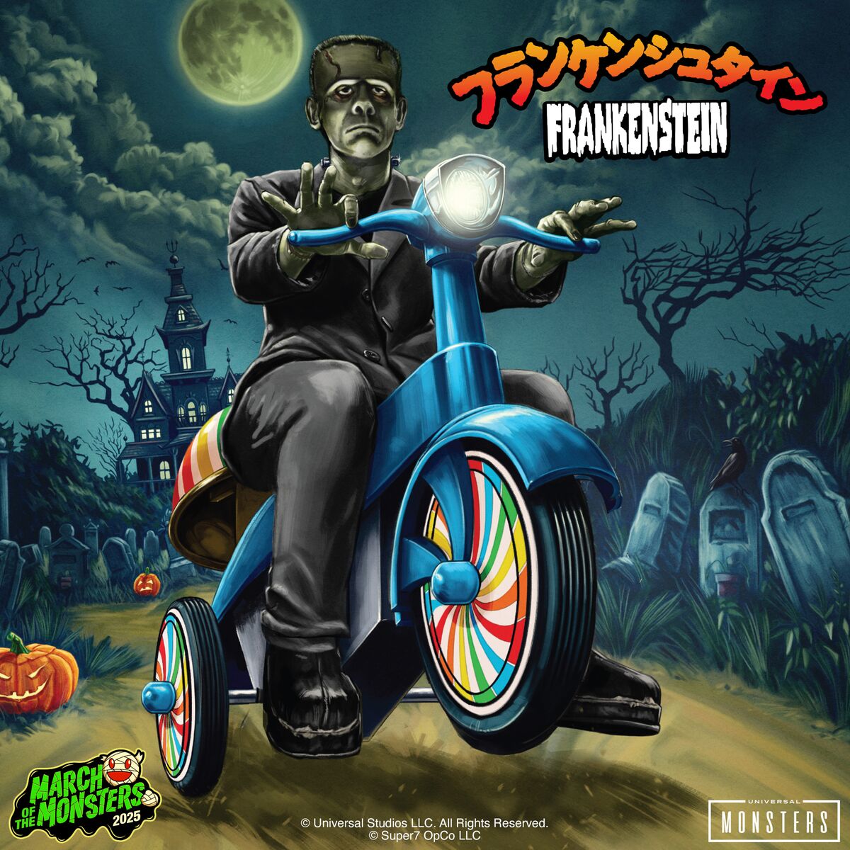 Frankenstein on a colorful tricycle in a spooky cemetery scene with pumpkins and a full moon