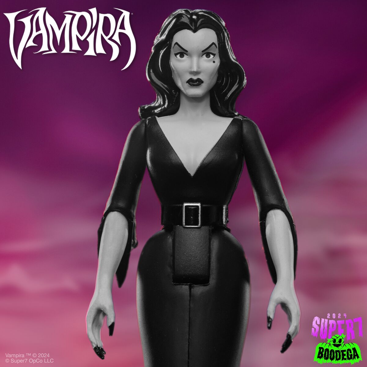 Vampira action figure against a vivid purple background with the Vampira logo in the corner