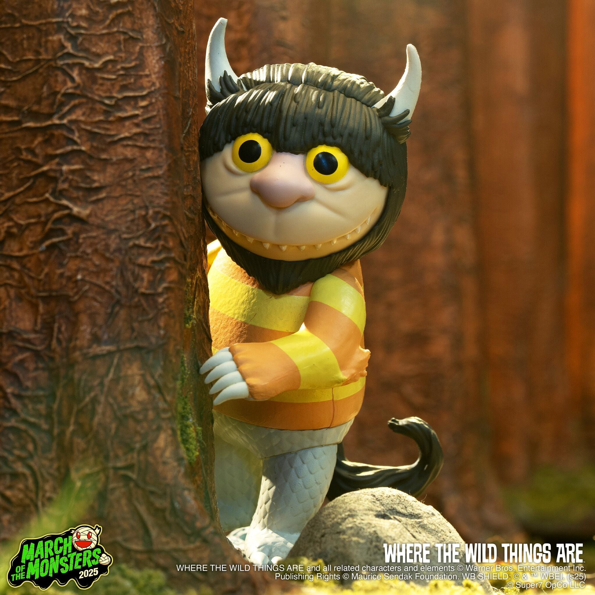 Playful monster figure peeking from behind a tree wearing a yellow striped outfit