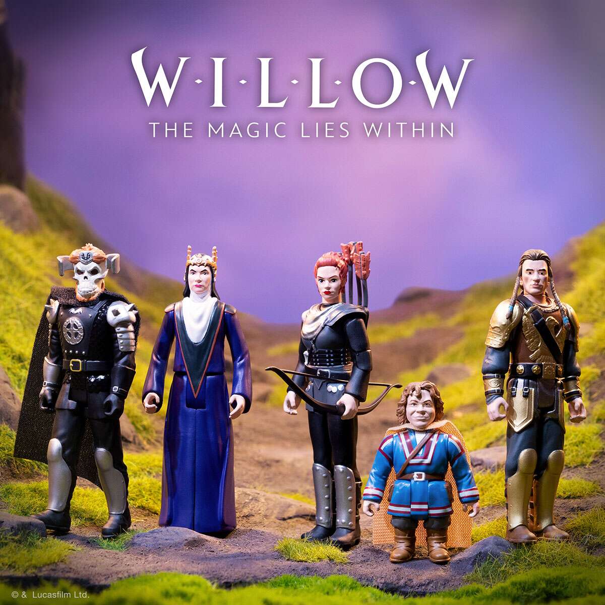 Willow cast of action figures posed on a rocky landscape under a purple sky with the Willow title
