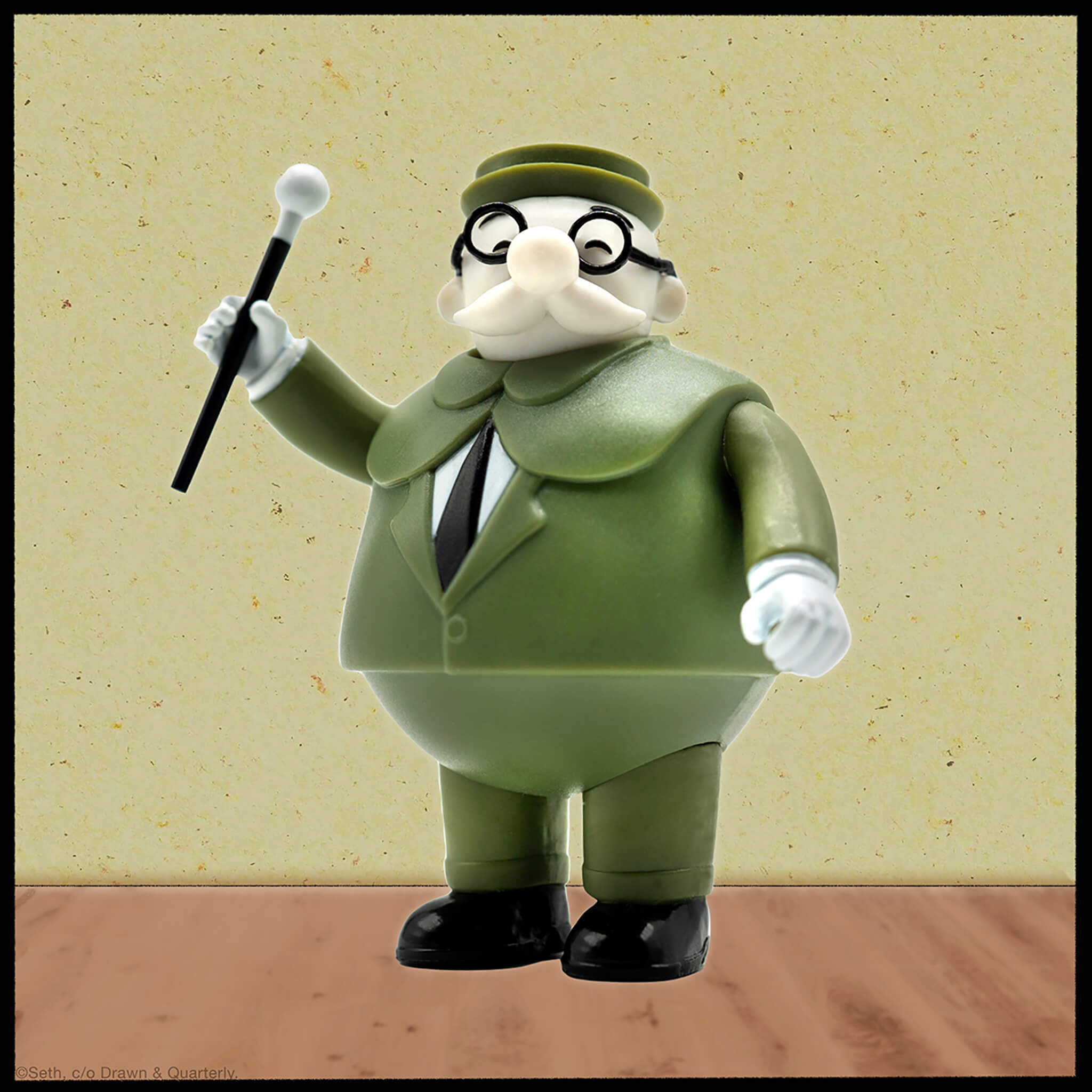Wimbledon Green style vintage figure in green suit and hat with round glasses and mustache holding a cane against a beige textured backdrop.