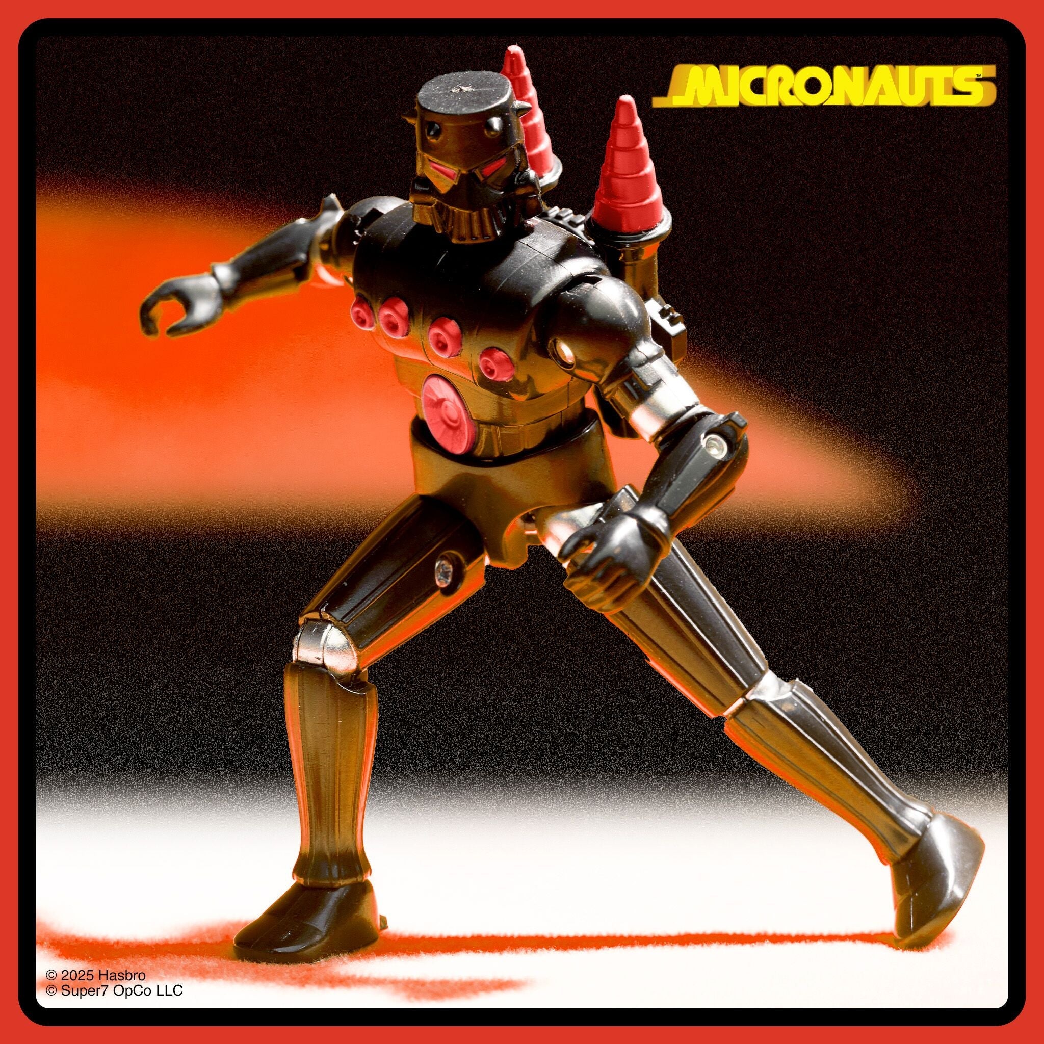 Micronauts action figure in brown armor with red accents and a long weapon against a red to white gradient background