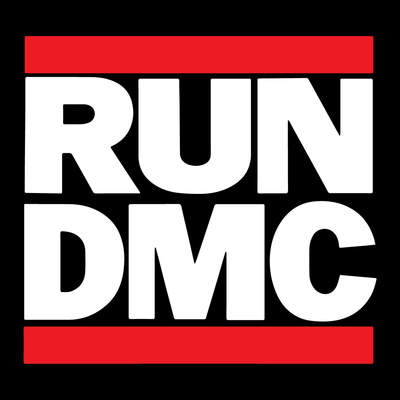 RUN DMC logo with bold white typography on a black background and red bars above and below