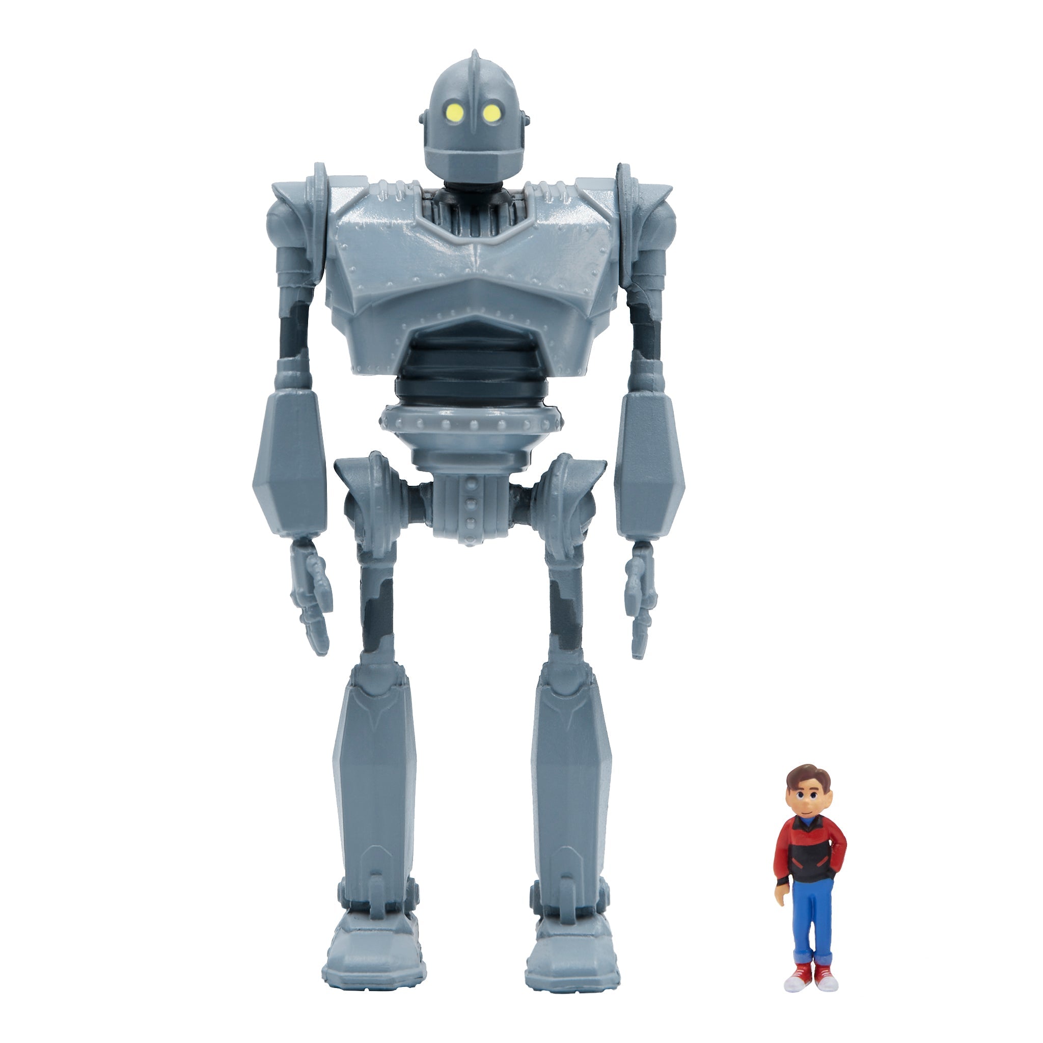 The Iron Giant action figure with a small boy beside it against a white background
