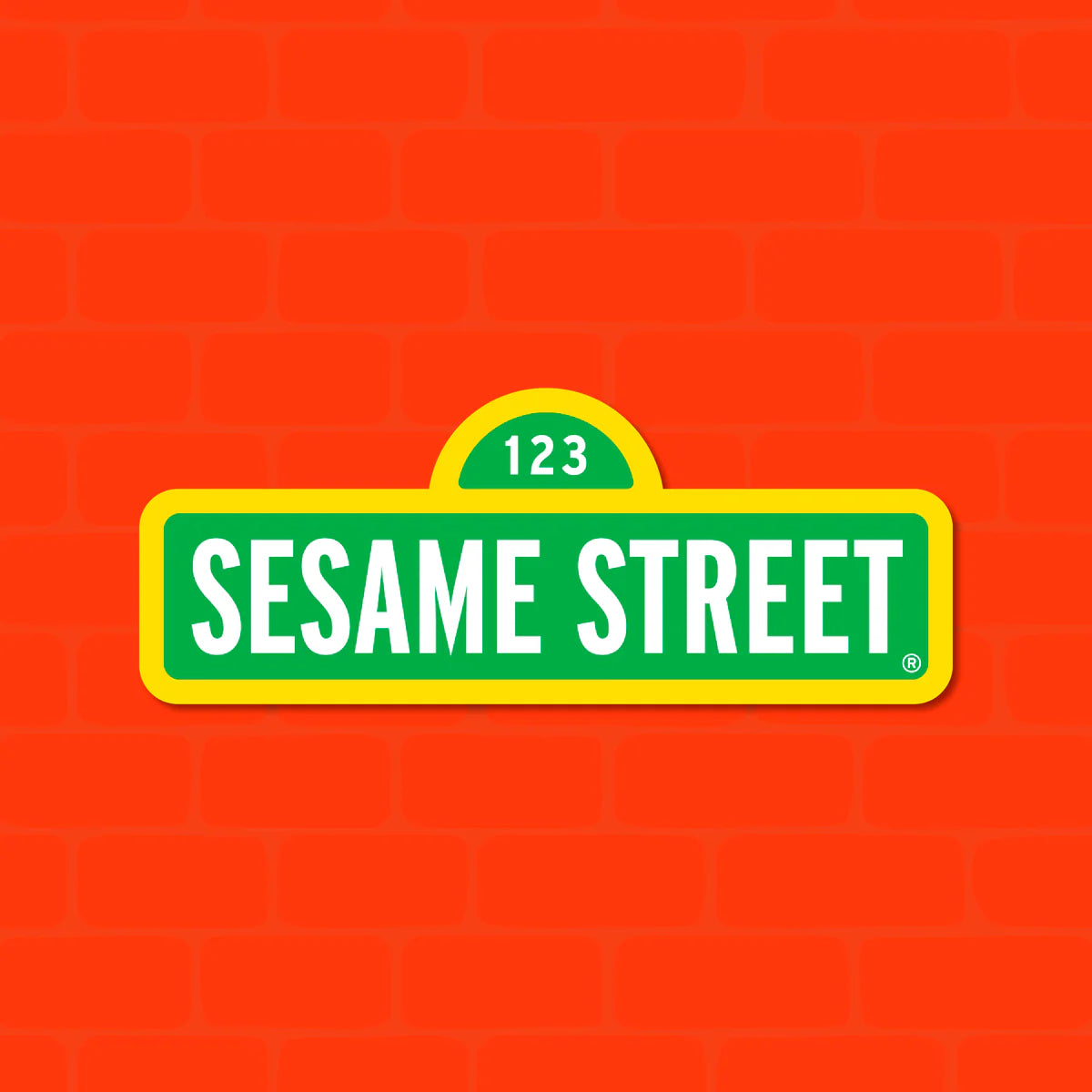 Sesame Street street sign with 123 arch, green panel and yellow border on an orange brick wall.