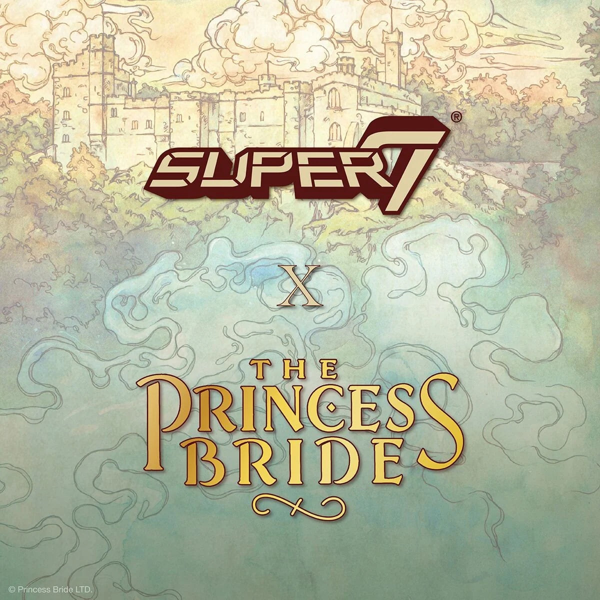 The Princess Bride themed artwork with a castle sketch background and ornate title lettering flowing over pastel clouds.