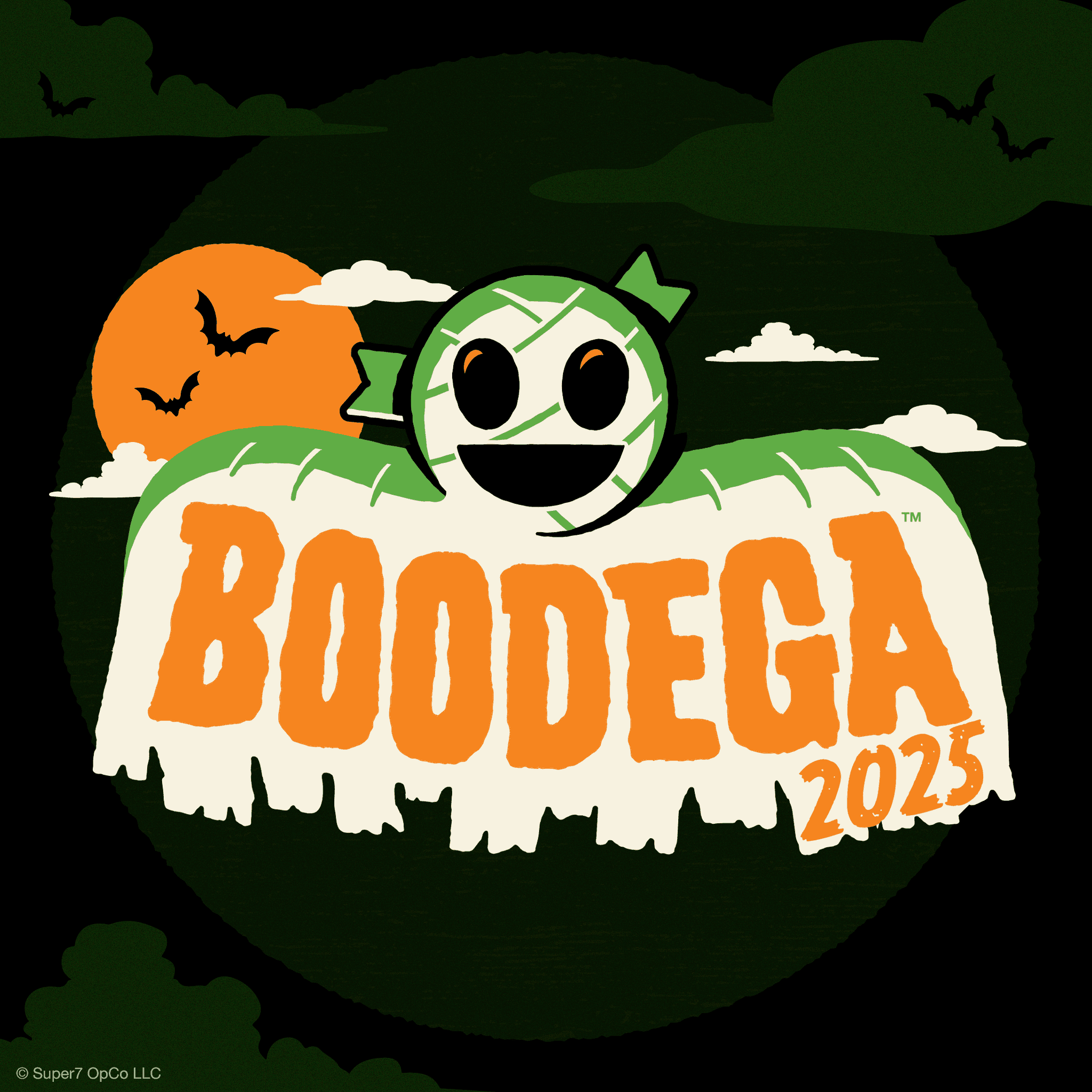 Boodega 2025 collection header with a Halloween scene a green cartoon monster and large orange lettering against a dark sky with bats