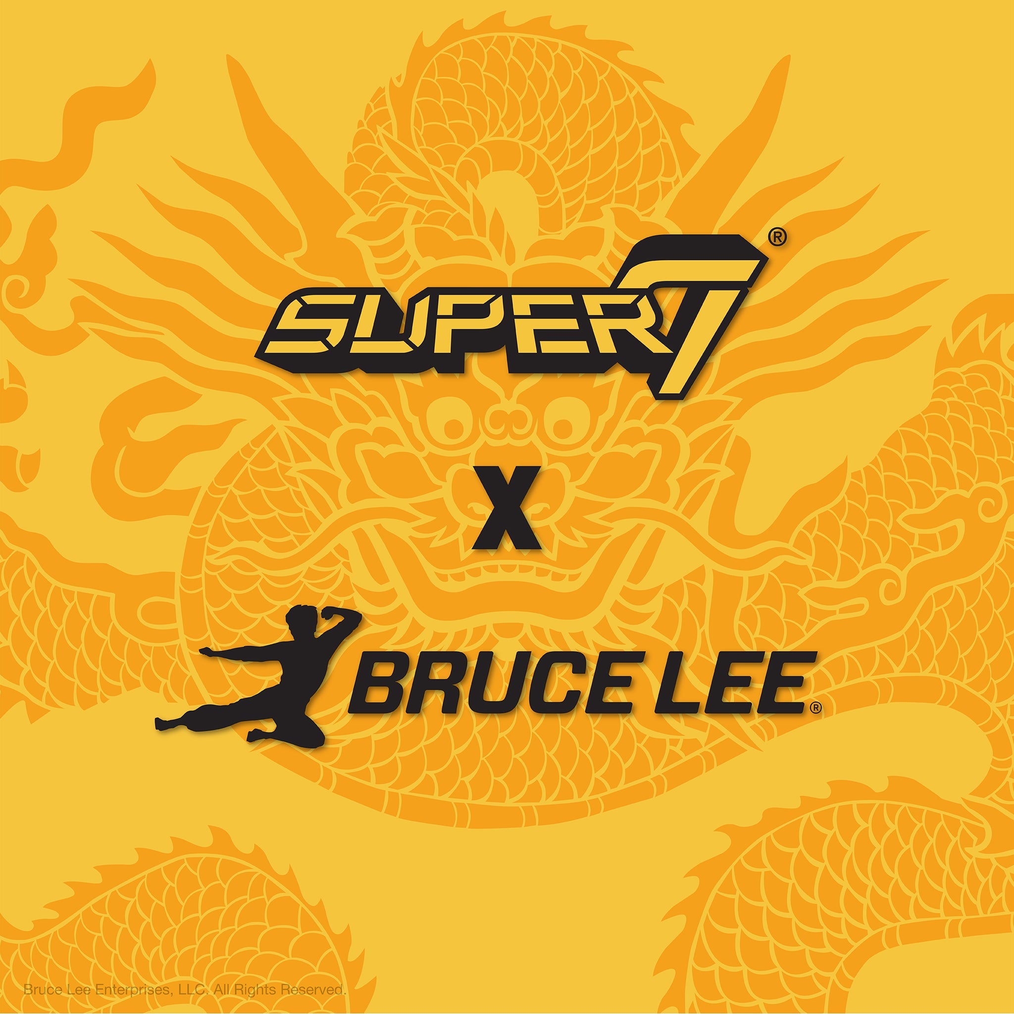 Bruce Lee themed graphic with a large dragon motif on an orange background and a Bruce Lee silhouette in a kicking pose