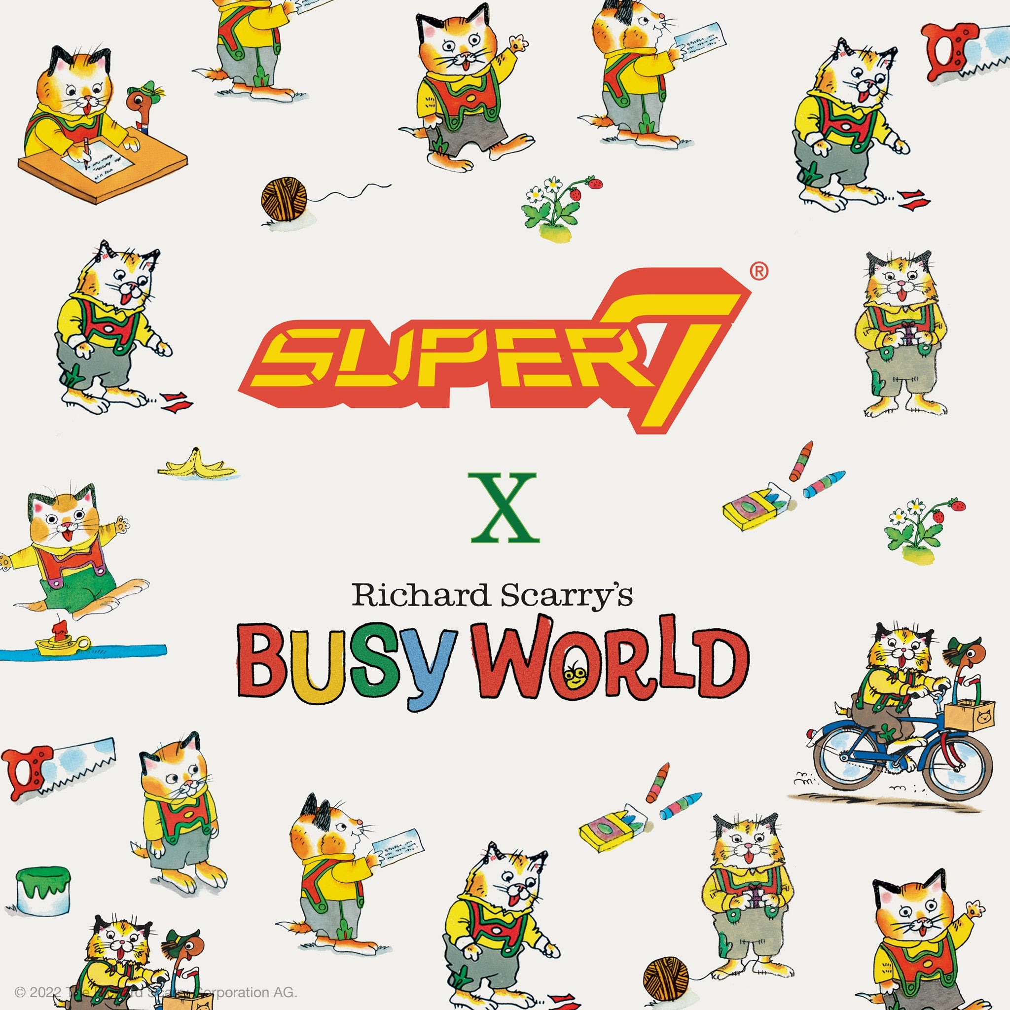 Richard Scarry Busy World collage with playful cats in yellow shirts and overalls